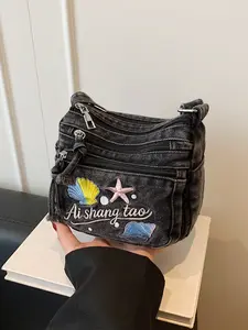 Casual Fashion Multi-Pocket Denim Bag, Smooth Zipper Design, Letter Decoration, Shoulder & Crossbody Style, Trendy Accessory, Denim Crossbody Bags