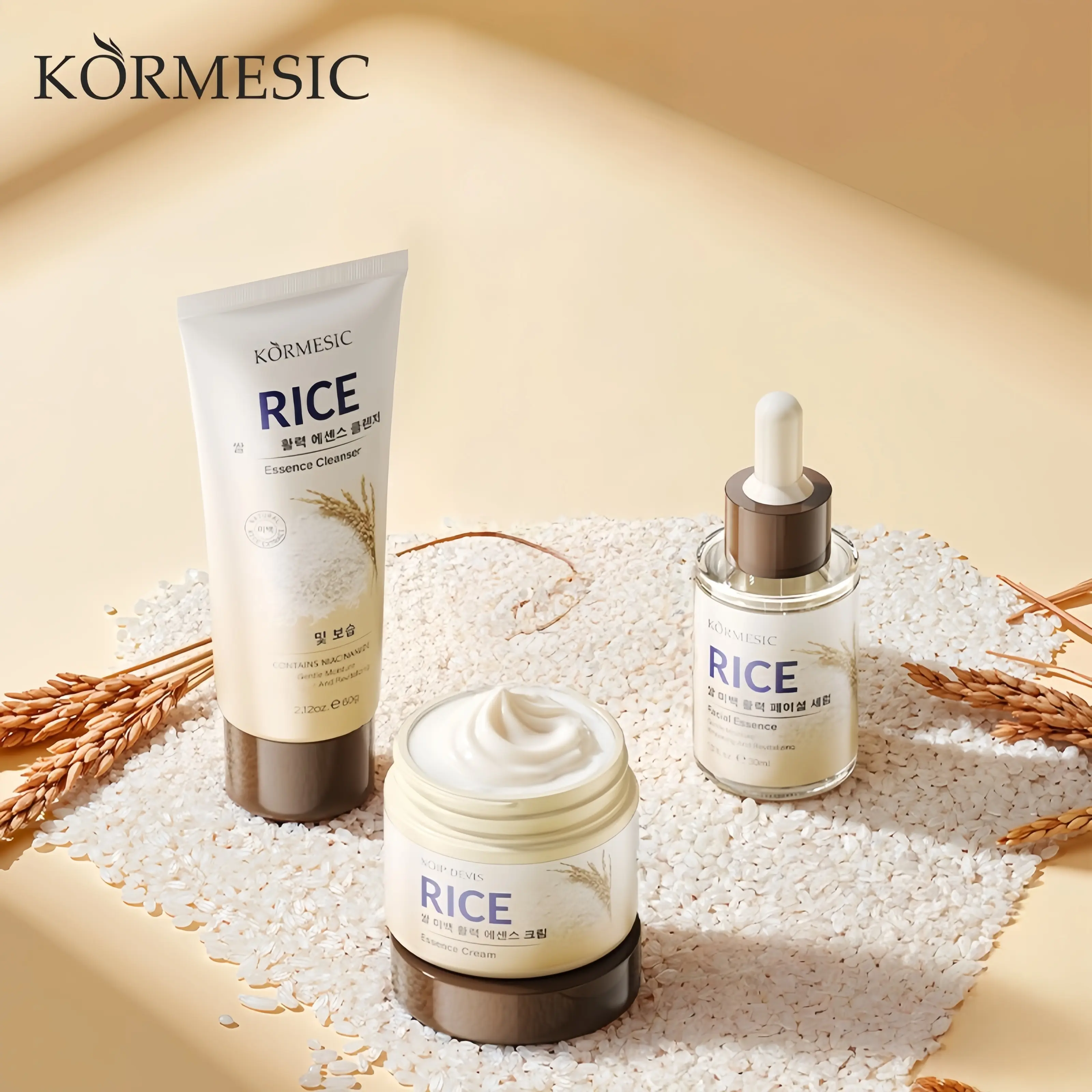 Rice skin care set, facial cleanser, face cream, essence, hydrating skin care set, Korean skin care products, including rice facial cleanser, essence, and moisturizing cream, suitable for women, girls, mothers, and daughters Gentle Moisturizer Routine Set