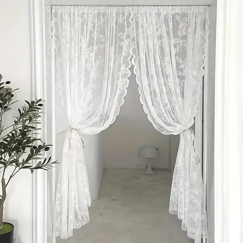 Rose Flower Embroidery Lace Door Curtain, Home Decorative Curtain, 2 Counts/set Light-Filtering Door Curtains for Home & Party Decor, Window Curtains and Nettings, Room Decor Lightweight Curtains