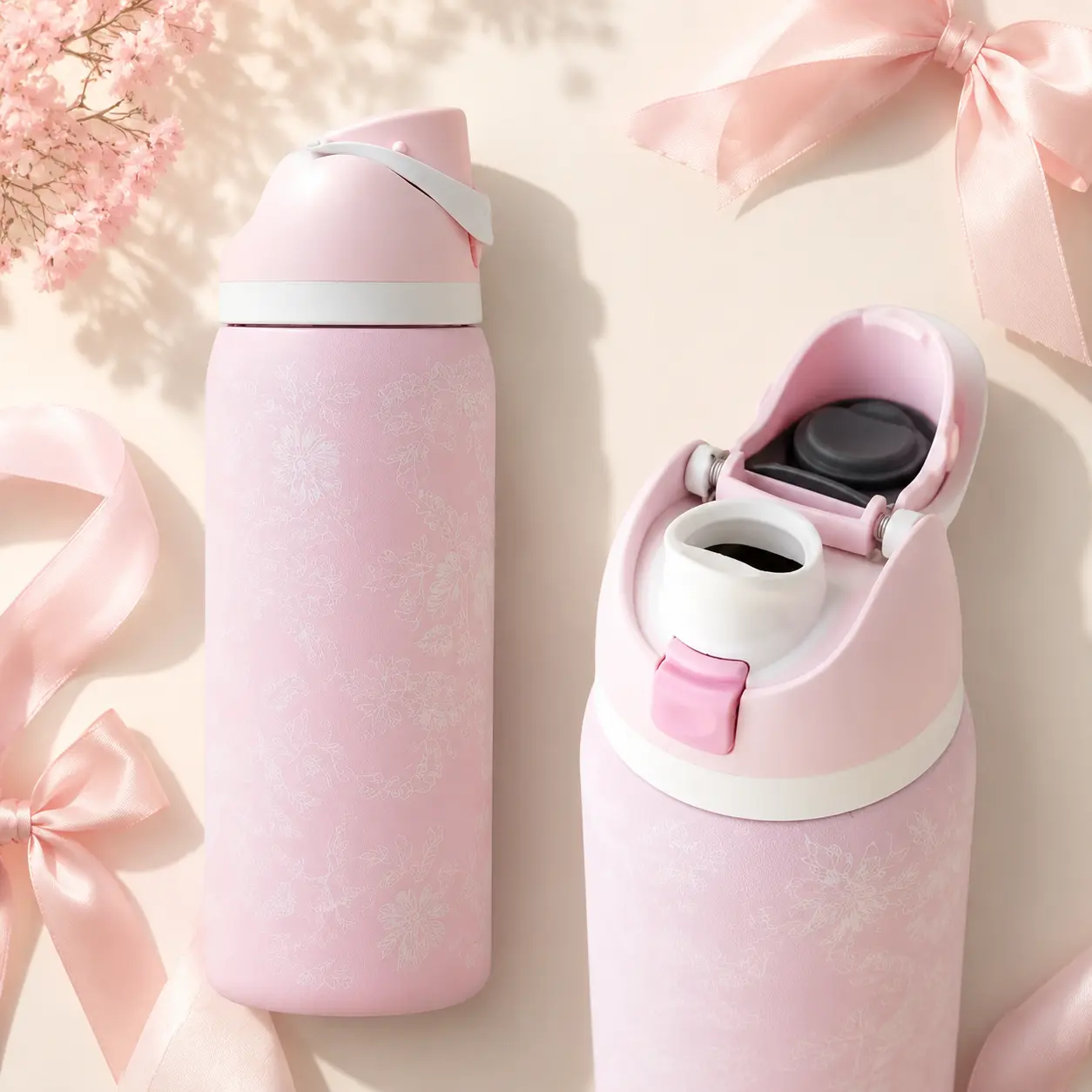 Owala FreeSip 32 oz Insulated Water Bottle Pink Floral Design – Stainless Steel Bottle with Built In Straw Lid, Leakproof Travel Cup for Women, School & Everyday Use