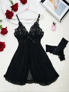 Women's Sexy Lace Trim V Neck Nightgown, Soft Seductive Nightwear, Soft Comfortable Contrast Binding Design, Bow Detailing, Includes Underwear