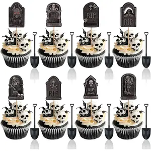 48 Pcs Halloween Cupcake Toppers - Tombstones Graveyard Cake Topper, Halloween Cake Decorations with Mini Shovel Spoons, 8 Designs Halloween Cupcake Picks for Kids Birthday Halloween Party Decorations