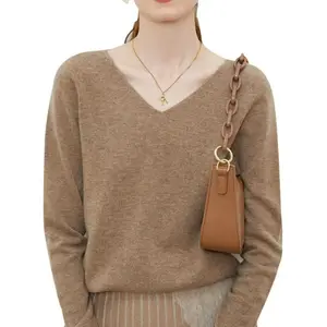 Women's 100% Wool V-neck Soft Cute Knit Pullover Sweater BasicKnitwear Crewneck Essential Lightweight Ribbed Cuffs Hem Collar Streetwear Jumper Top