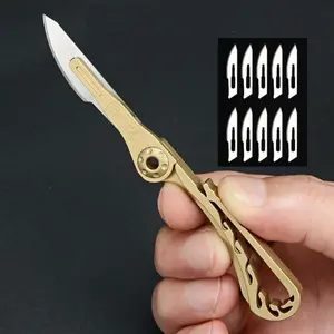 Copper Folding Knife with Bottle Opener, Sharp Paper Cutter, Replaceable Blade, Outdoor Keychain, Portable Pocket Knife