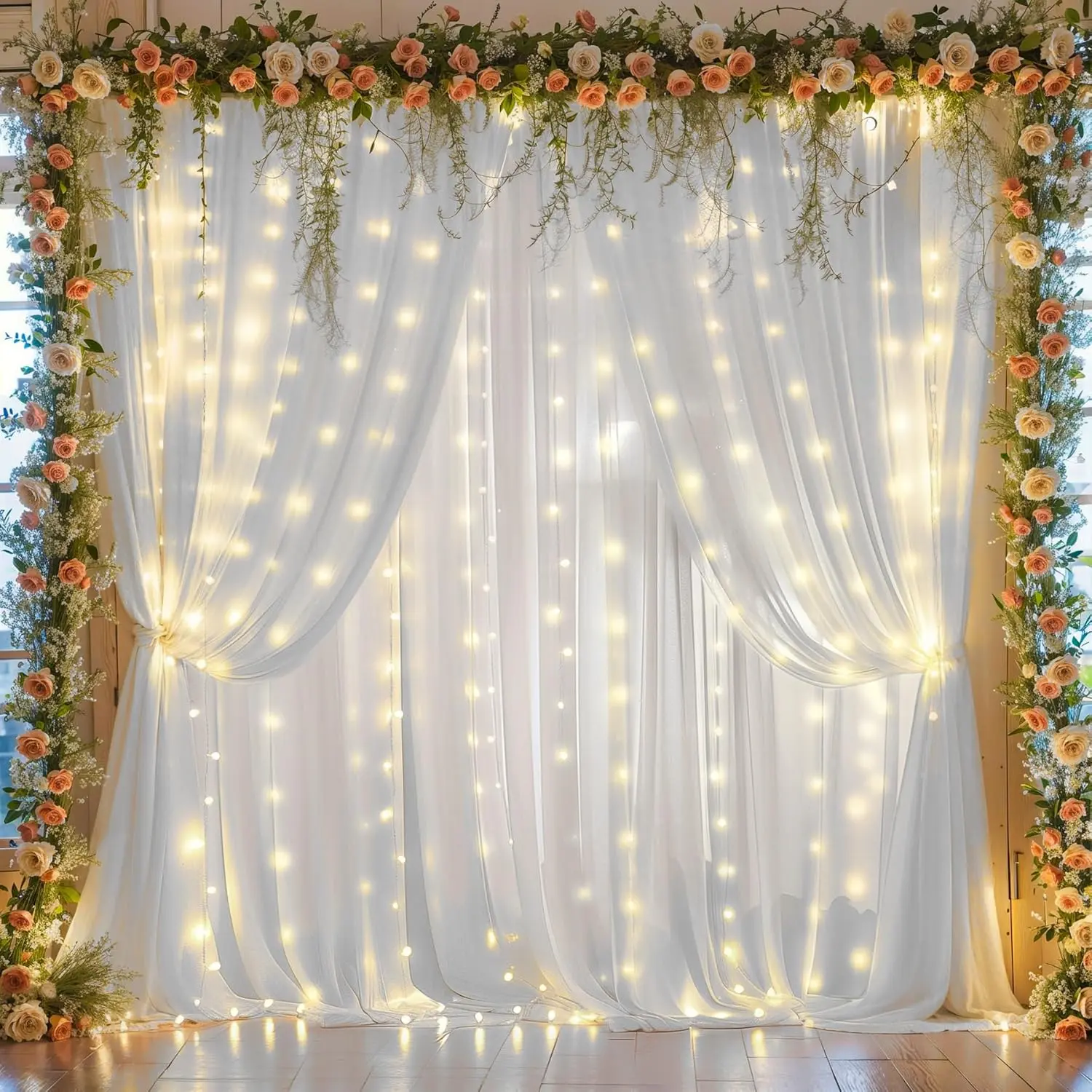 10ft x 10ft White Chiffon Backdrop Curtain with Lights String for Parites Wedding Wrinkle Free Curtain Photo Backdrops Drapes for  Shower Birthday Party  Decorations