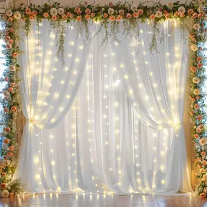 10ft x 10ft White Chiffon Backdrop Curtain with Lights String for Parites Wedding Wrinkle Free Curtain Photo Backdrops Drapes for  Shower Birthday Party  Decorations