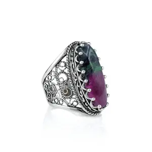 Filigree Art Ruby Zoisite Gemstone Women Silver Long Statement Ring
