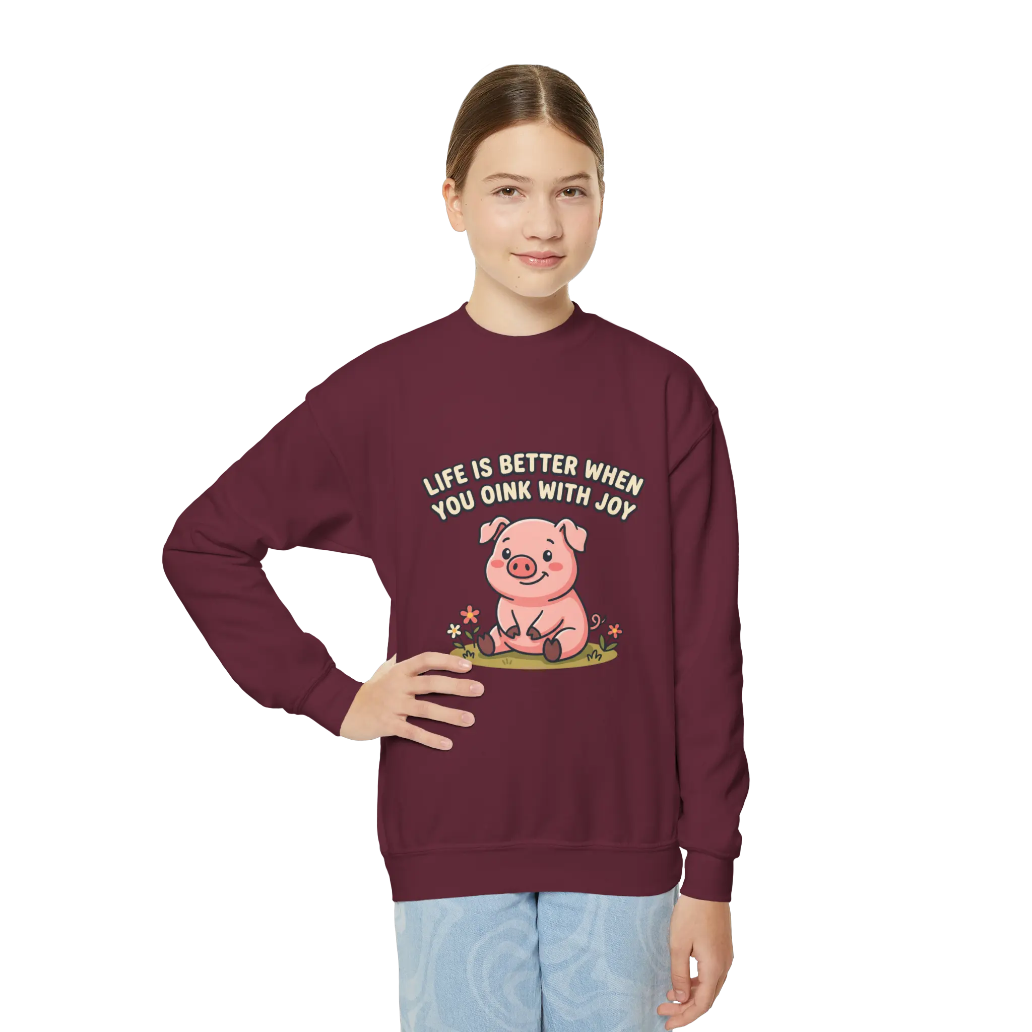 Youth Crewneck Sweatshirt  Cute Pig Graphic “Life Is Better When You Oink With Joy”