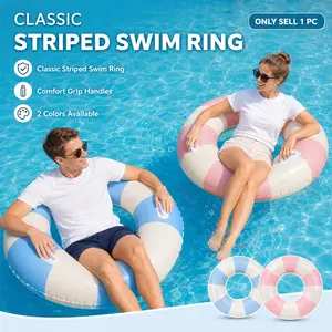 Striped Inflatable Pool Floats for Adults, Heavy Duty Swim Rings with Comfort Handles, Large Floaties Pool Tubes for Summer Water Party, Portable Floating Rings, Durable PVC Swim Ring for Relaxation and Fun,for Lake Beach and Pool Lounging