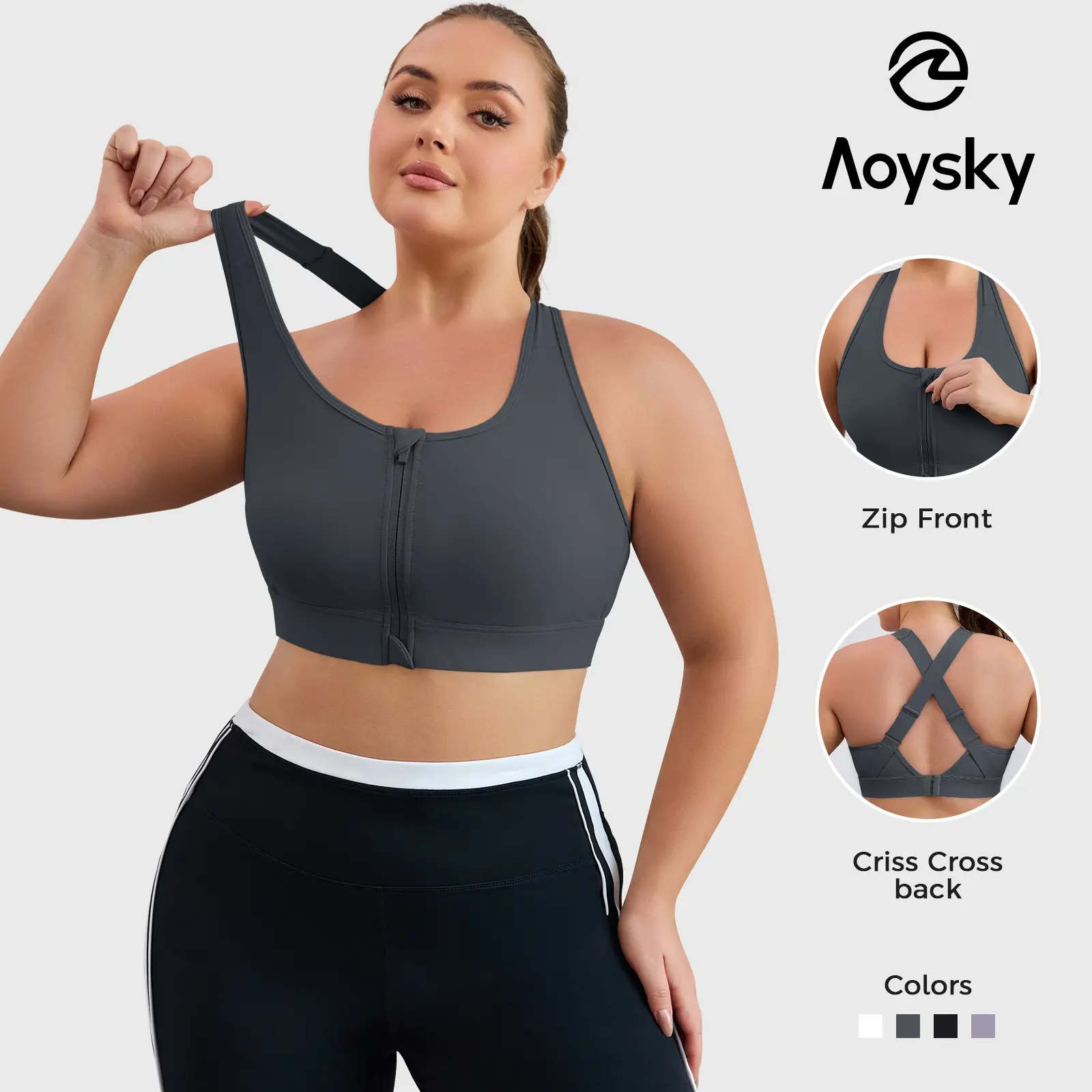 Aoysky Women's Plus-Size Criss Cross Zip-Front Adjustable Workout Crop Top, Padded Wireless Support for Yoga and Running, Adjustable Workout Bra, Sports Bra For Women