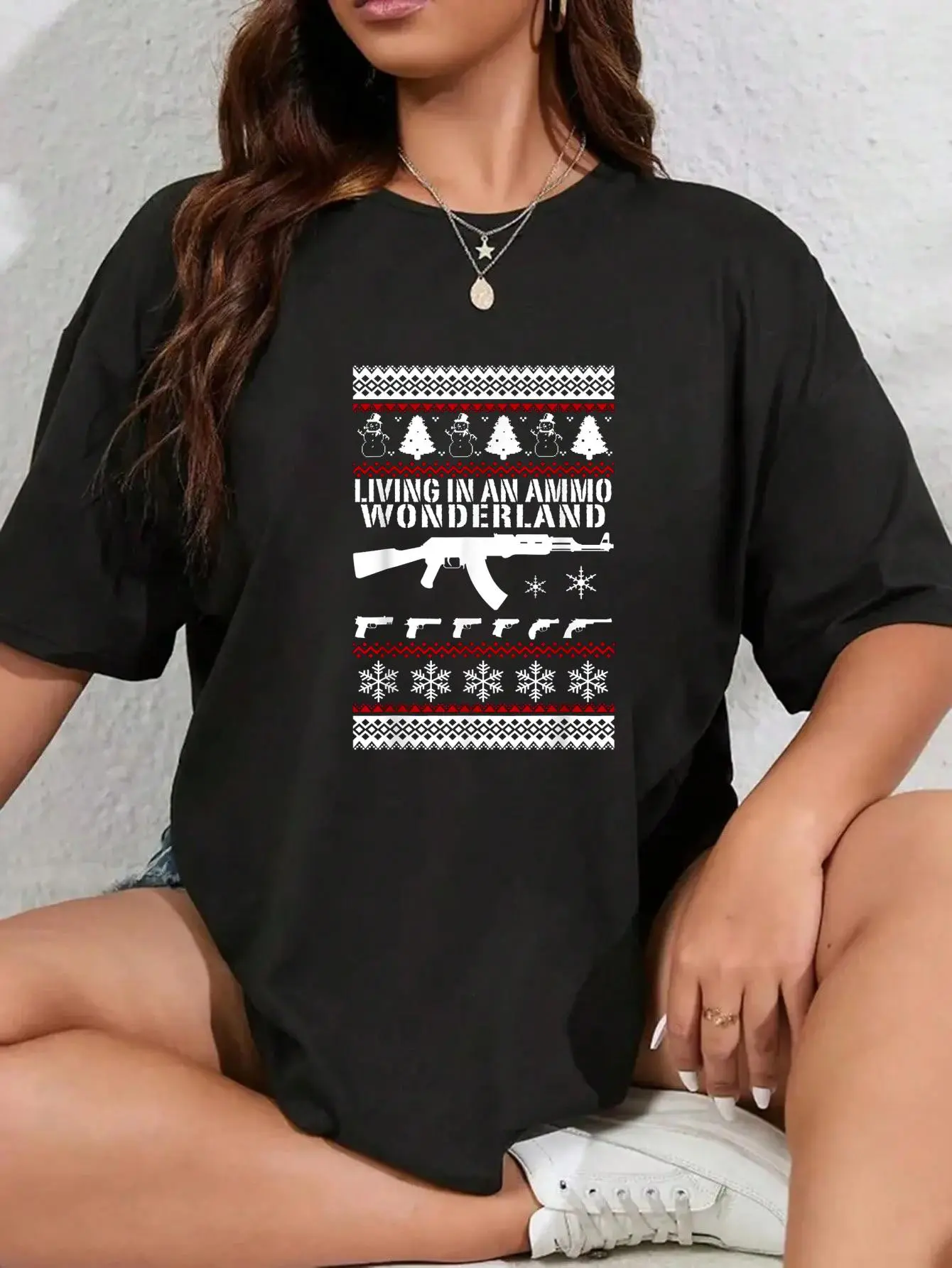 Women's Ugly Christmas AK47 Digital Print T-Shirt, 100% Cotton Crew Neck Short Sleeve Top, Unisex Fit, Simple Soft Breathable Casual Holiday Everyday Wear