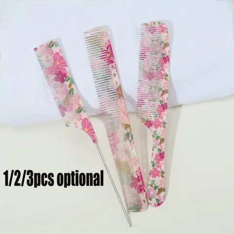 Flower Pattern Hair Comb Set, Plastic Combs, Pointed Tail Comb & Hair Smoothing Comb, Heatless Styling Tools for Women & Girls, Suitable for Multiple Types of Hair Textures, Floral Design Combs