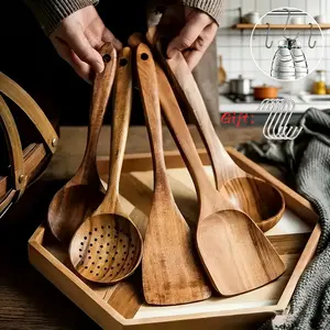 5pcs Natural Wooden Non-Stick Cookware Set, Heat Resistant Kitchen Tools, Ideal for Cooking and Serving, Perfect Gift for Holidays