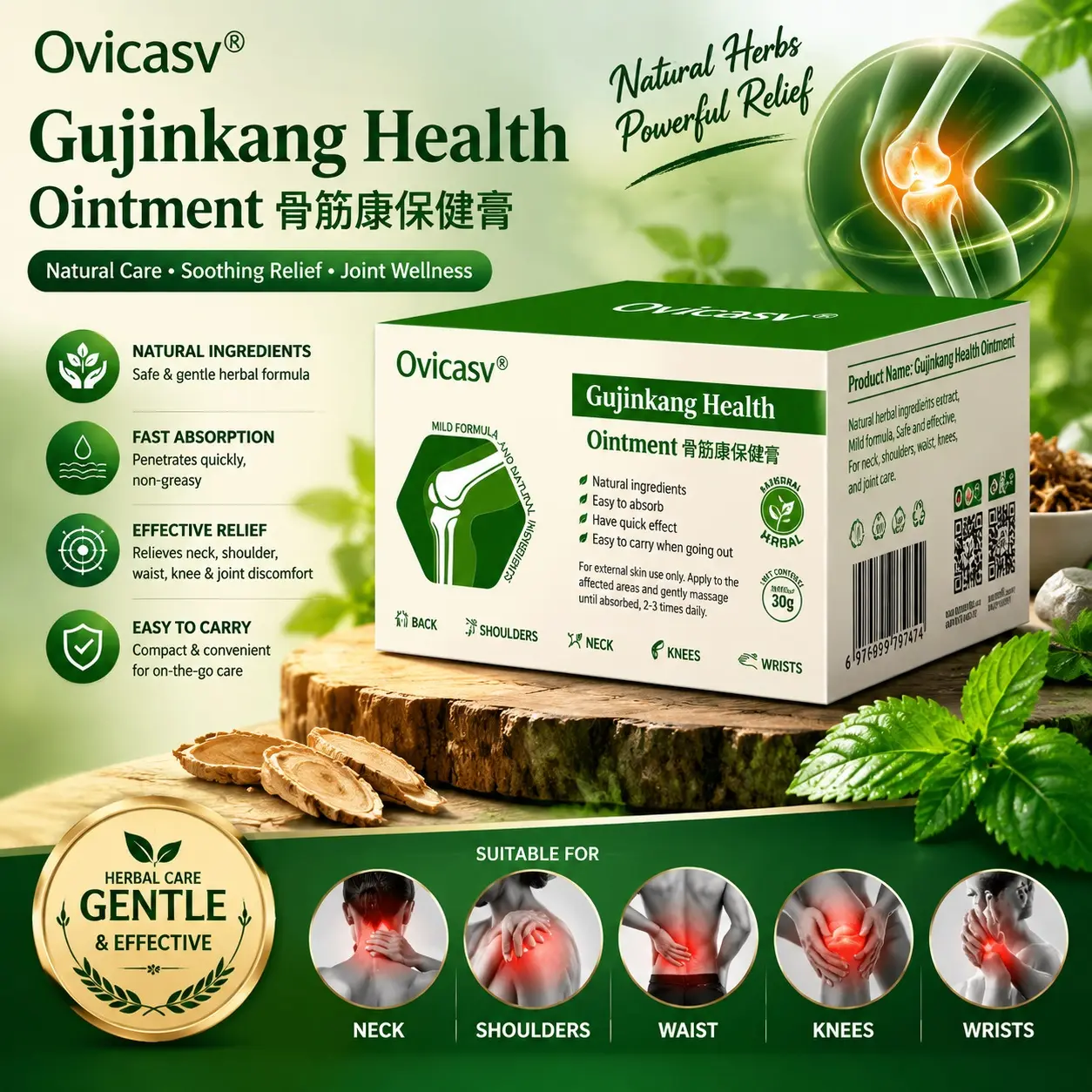 [Buy 1 Get 1 Free] Ovicasv Bone & Joint Relief Cream 30g – Natural Herbal Soothing Ointment for Back, Neck, Shoulder, Knee & Wrist Pain, Fast-Absorbing Massage Balm for Muscle Fatigue & Aches, Ideal for Office Workers, Seniors & Sports Recovery