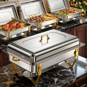 WARMOUNTS Rectangular 9QT Gold Chafing Dishes for Buffet with Upgraded Multi-Size Food Pans, Large Chafing Dish Set w/ Mirror-Polished Stainless Steel, Rolled Rim, Foldable Frame for Party(2/4/6 Pack)