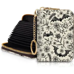 Goth Bat Credit Card Holder for Women, Gothic Floral Small RFID Wallet with Zipper, Card Keychain Wallet, Leather Wallet Card Case, Business Accordion Wallet Gift