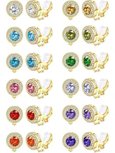 12Pairs Birthstone Clip Earrings for Women Girls Round Cubic Zirconia Clip On Earrings Non Pierced Fake Earrings Clip Stud Earrings with Rubber Pads Gold