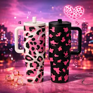 1 Pc 40oz Insulated Mug, Tumbler Drinkware, Double Wall Vacuum Cup Keeps Hot 12 Hours Cold 24 Hours, Leak Proof Lid With Handle And Straw, Large Capacity Thermal Mug Tumbler For Hot Cold Drinks, Pink Leopard Print Design, Travel Gift For Women Men Holiday