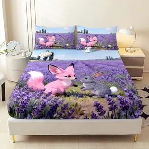 3pcs Lavender Fox Fitted Sheet Set All Seasons Decorative Mattress Cover Animal Mattress Protector Boho Bedding Set Bedroom Decor for Home Guest Room Decor 1 Fitted Sheet+2 Pillowcases Without Core