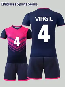 Boys' Football Kit (No. 4 VIRGIL Style): Pink-Blue Gradient Jersey + Shorts, Casual, V-Neck, Suitable for Sports and Daily Wear, Spring and Summer Outdoor Football Equipment
