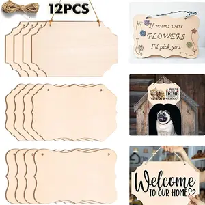 12 Pcs Unfinished Blank Wood Signs, Wooden Hanging Plaques Blank, Hanging Room Decor, Decorative Wood Plaque Slices Banners with Ropes for Home Pyrography Painting Writing DIY Craft Supplies Unique Home & Office Accent Piece