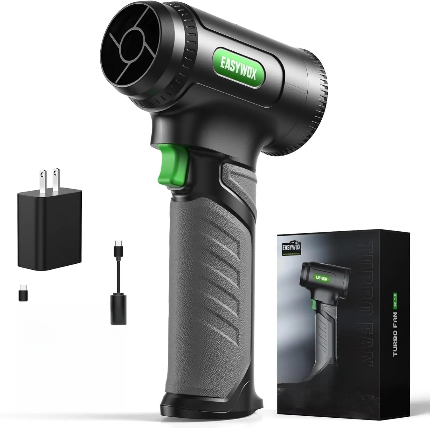 EasyWox Compact Lightweight Cordless Leaf Blower - 64mm Metal Blades Motor, 756W High-Powered Fan, 1200G Wind, 3000mAh 14.8V Batteries, 30W Fast Charging, Ergo Grip Non-Slip Rubber Overheat Safe - Car Dryer Blower, Garden Cleaning Tool (17.6×28.6×8.2cm)