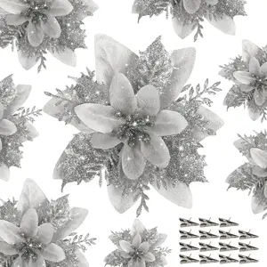 15 PCS Silver Poinsettia Flower Artificial Poinsettia with Clips Christmas Decor Glitter Poinsettia Christmas Ornaments Christmas Tree Flower Decoration with Stems DIY Xmas Wreath Holiday Party Decor