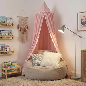 Bed with Pom Pom for Kids Crib Baby Girl Netting Cover Crib Reading Nook Tent Nursery Play Game Room Decoration (Pink)