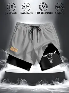 Men's Western Bull Print Fake Two-Piece Graphic Athletic Shorts, Summer Breathable Fitness Running Shorts, Sporty Fitted Style for Training, Outdoor, Daily Commute