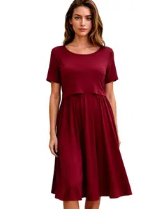 Women's Short Sleeve Nursing Dress, Pure Color Casual Maternity, Knee Length Breastfeeding Clothes for Home & Travel