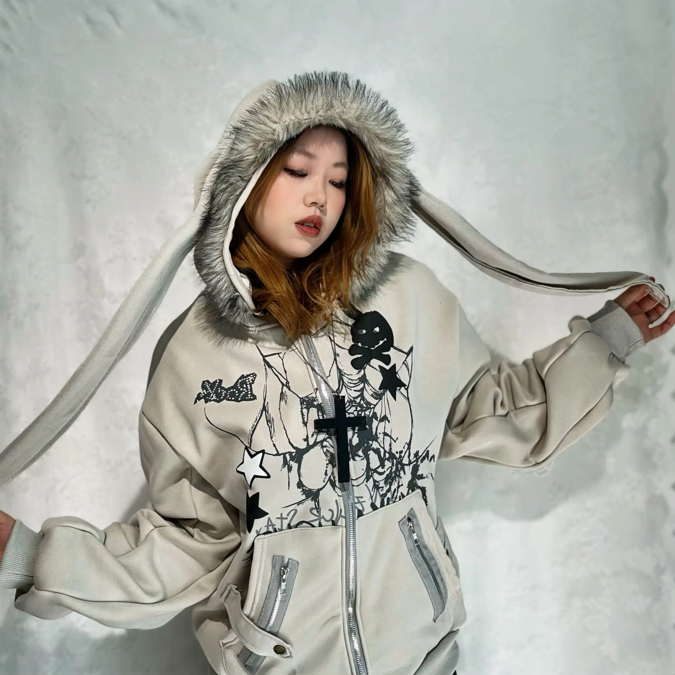 ALIELNOSIRRAH 'Basement Rabbit' Bunny Ears Fur Zip Up Hoodie