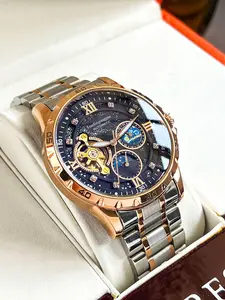 Men's Multifunctional Mechanical Watch with Sun-Moon-Star Starry Sky Luminous Display,  Semi-Automatic Movement Front Flywheel, Premium Stainless Steel Ideal High-End Gift for Business & Fashion-Forward Gentlemen, Trendy Multifunctional Watch