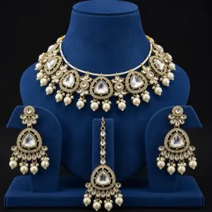 Women's Polki 3-Piece Matching Elegant Jewelry Set - Dainty Indian Daily Accessories, Includes Necklace, Earrings and Maang Tikka, Matching Jewelry Set