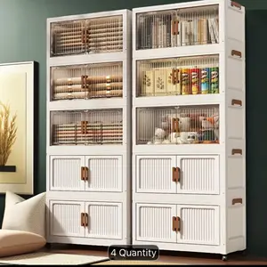 Stacked Folding Storage Cabinet - 4/5/6-Layer, Mixed-Color, Milky White Box with Brown Handle, Magnetic Doors, Universal Wheels, Suitable for Kitchens, Bedrooms