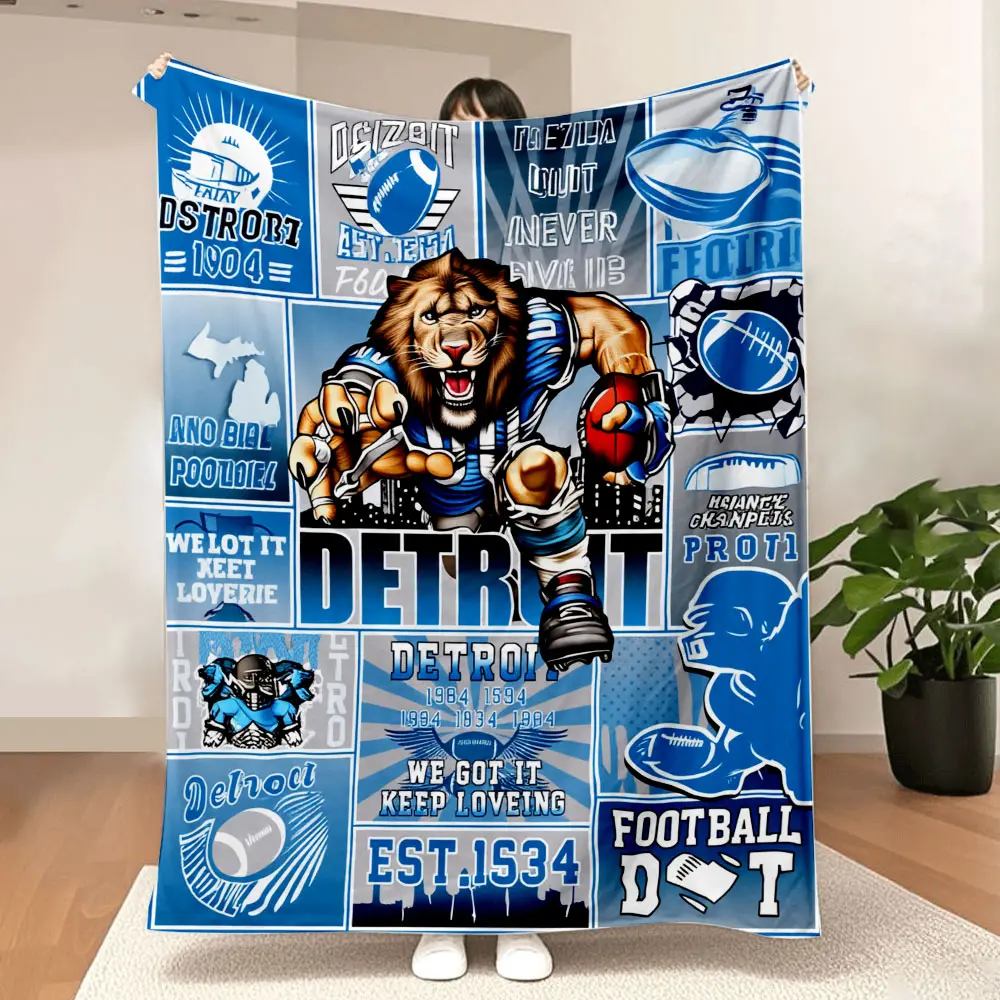 Detroit Football Legacy Collage Blanket - Vibrant Blue/Gray Artwork with Fierce Lion Mascot, Celebrating Team History (1904-1984