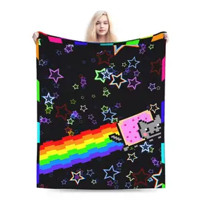 Cat Rainbow Pixel Space Nyan Super Warm Blankets Children Plush Throw Blanket Novelty Couch Chair Flannel Bedspread Sofa Bed