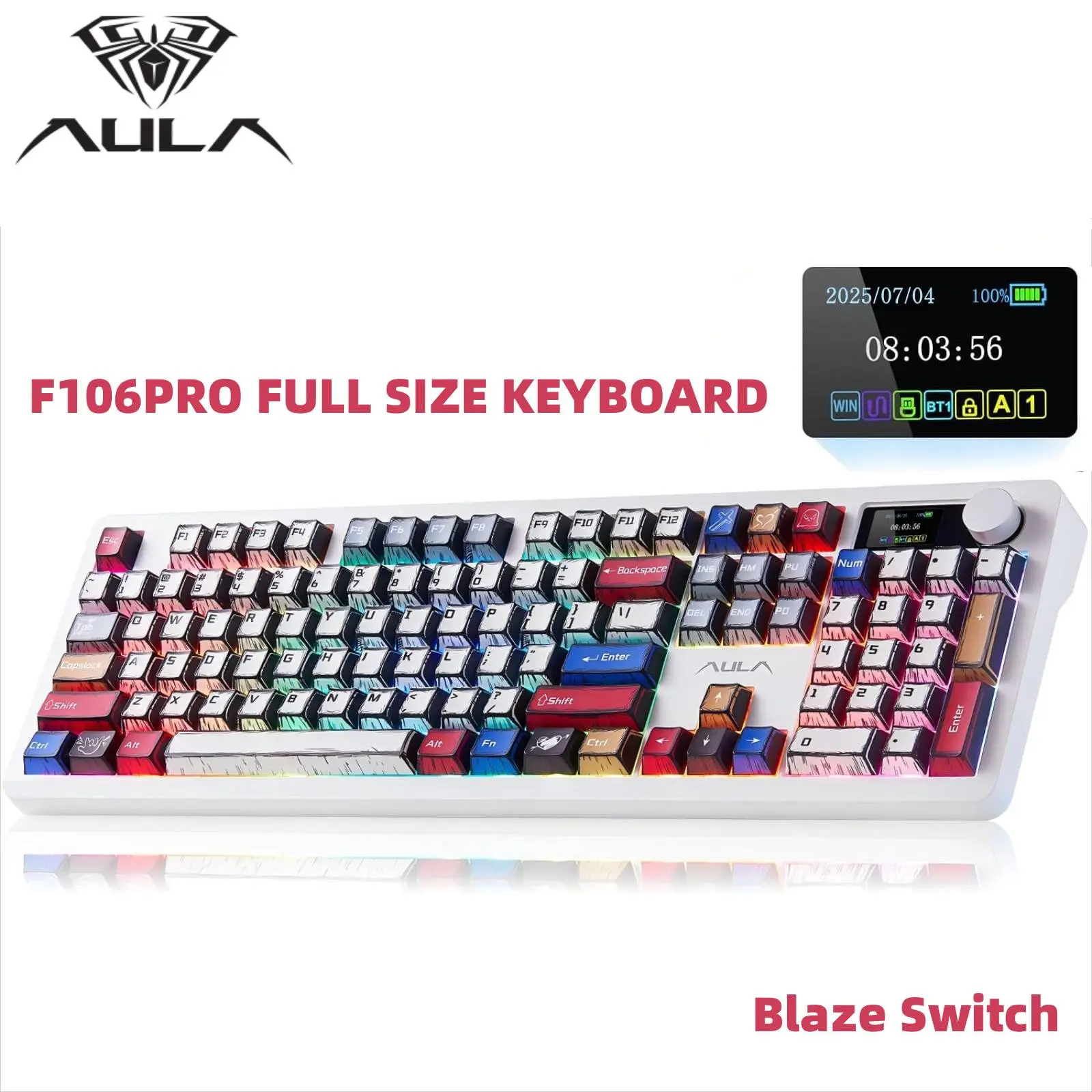 AULA F106PRO Wireless Keyboard, Full Size Mechanical Keyboard with Media Knob & Screen, 8000mAh Battery Hot Swappable Custom PBT keycaps Gaming Keyboard