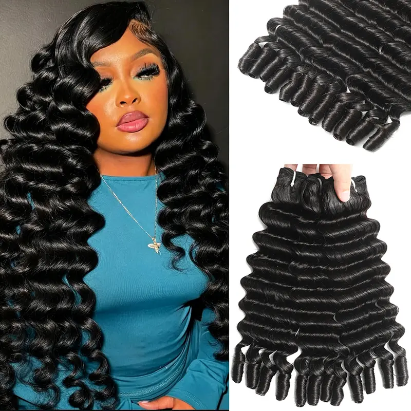 Karlami Women's Natural Black Human Hair Bundles with 5x5 Closure - 3/4 Loose Deep Curly Burmese Bundles, 3c4a Spiral End, Bouncy Body Wave, Quick Weaves, Double Weft, Tight & Neat, Healthy & Clean Hair, No Strong Smell, Comfortable, 16-30 Inch