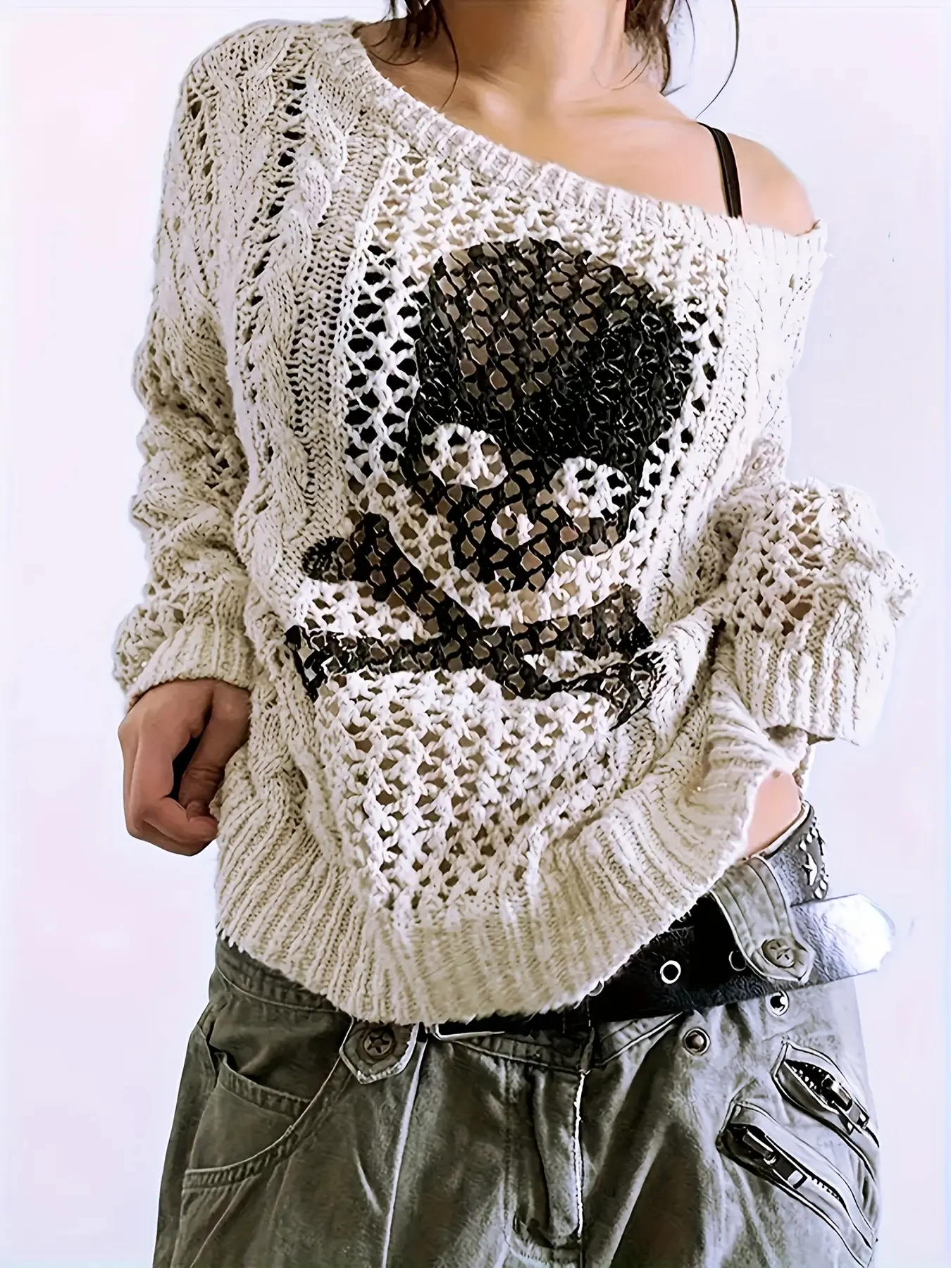 Women's Plus Size Skull Pattern Hooded Hollow Out Sweater, European American Street Style Trendy Pullover