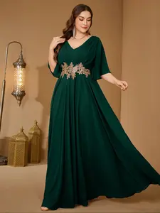 Elegant Plus Size V Neck Ruffle Sleeve Chiffon Formal Evening Dress, Waist Embroidered Design, Perfect for Special Occasions