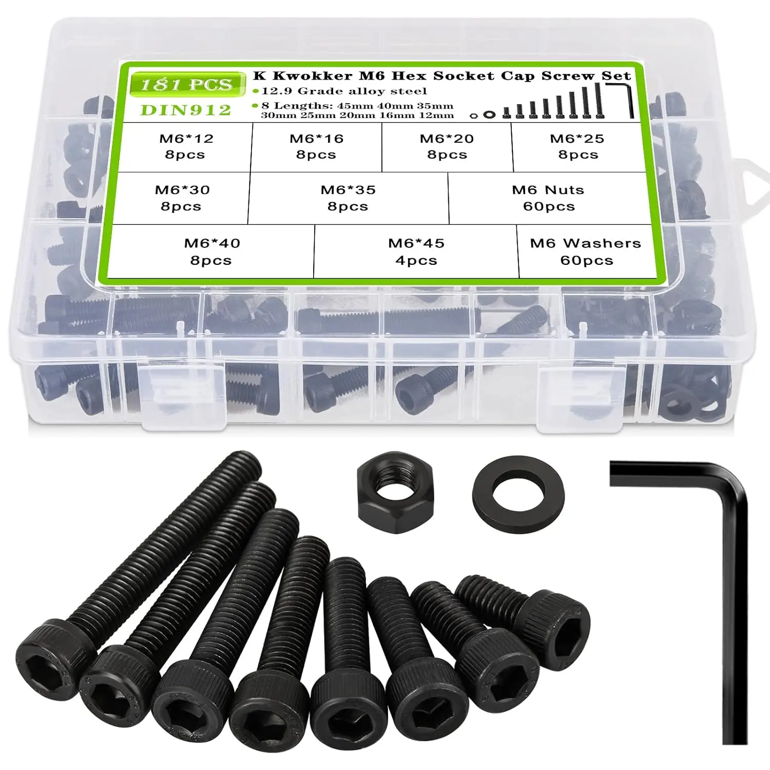 M6 Screw Assortment 8 Lengths 12mm to 45mm, Hex Socket Head Cap Screw Bolts and Nuts Kit, 12.9 Alloy Steel Metric Machine Screws and Nuts, Washers, 12/16/20/25/30/35/40/45mm