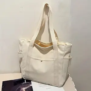 Stylish Literary Canvas Tote Bag, Spacious Multi Pockets, Adjustable Shoulder Straps, Durable Casual Handbag for School, Work, Travel, Lightweight Canvas Bag