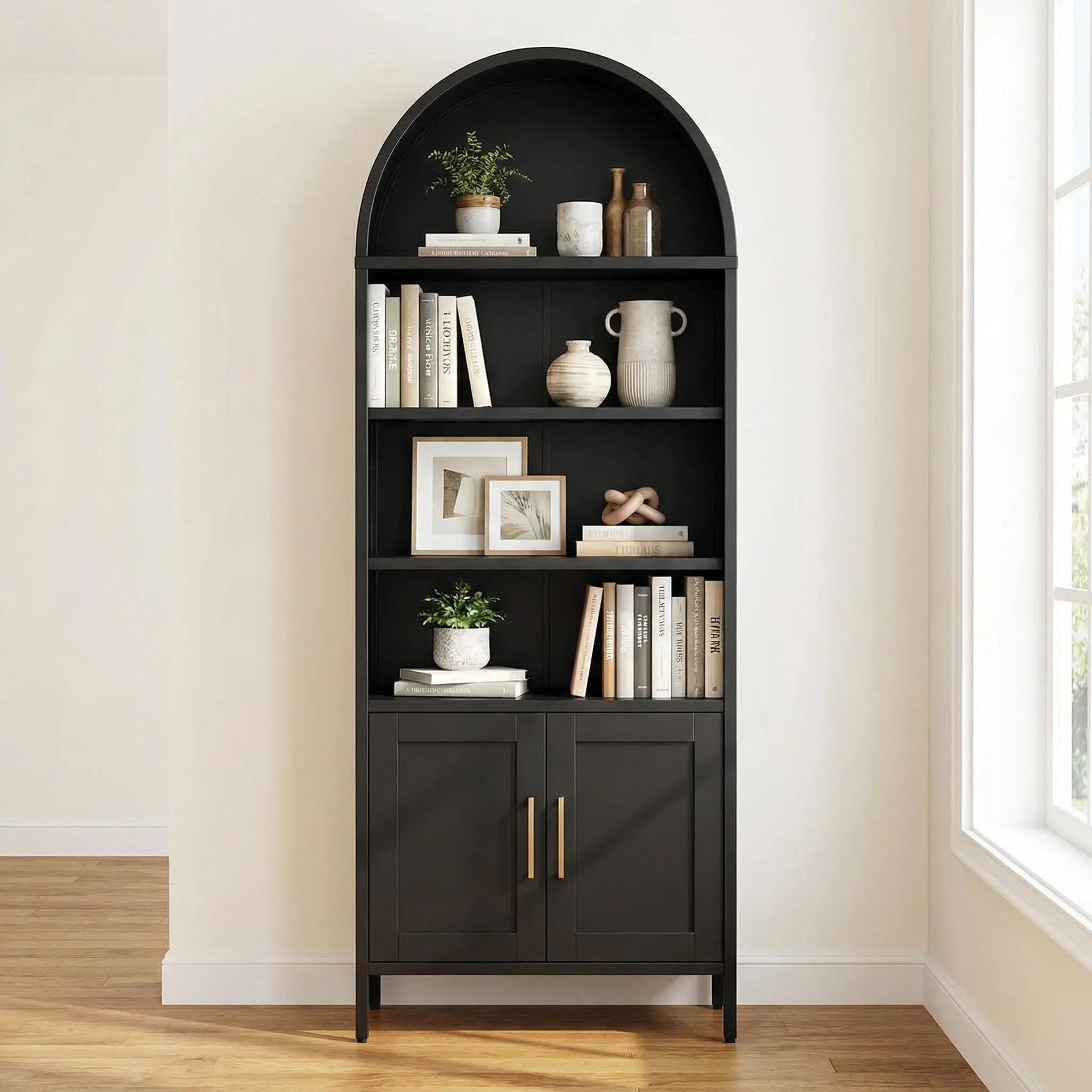 Black 0.6mm Thickness Cold Rolled Steel Arched Bookshelf, Durable Modern Indoor Furniture, Compact Sturdy Home Storage Shelf