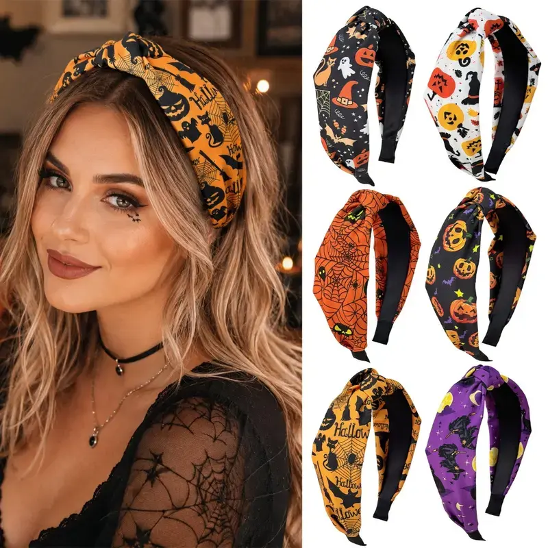 Cute Halloween Knotted Headband for Women & Girls, Spooky Pumpkin Ghost Print Wide Headband, Soft Comfortable Fabric Hair Hoop for Halloween Party, Cosplay, Trick-or-Treat, School Photos, Trendy Fall Festival Hair Accessories