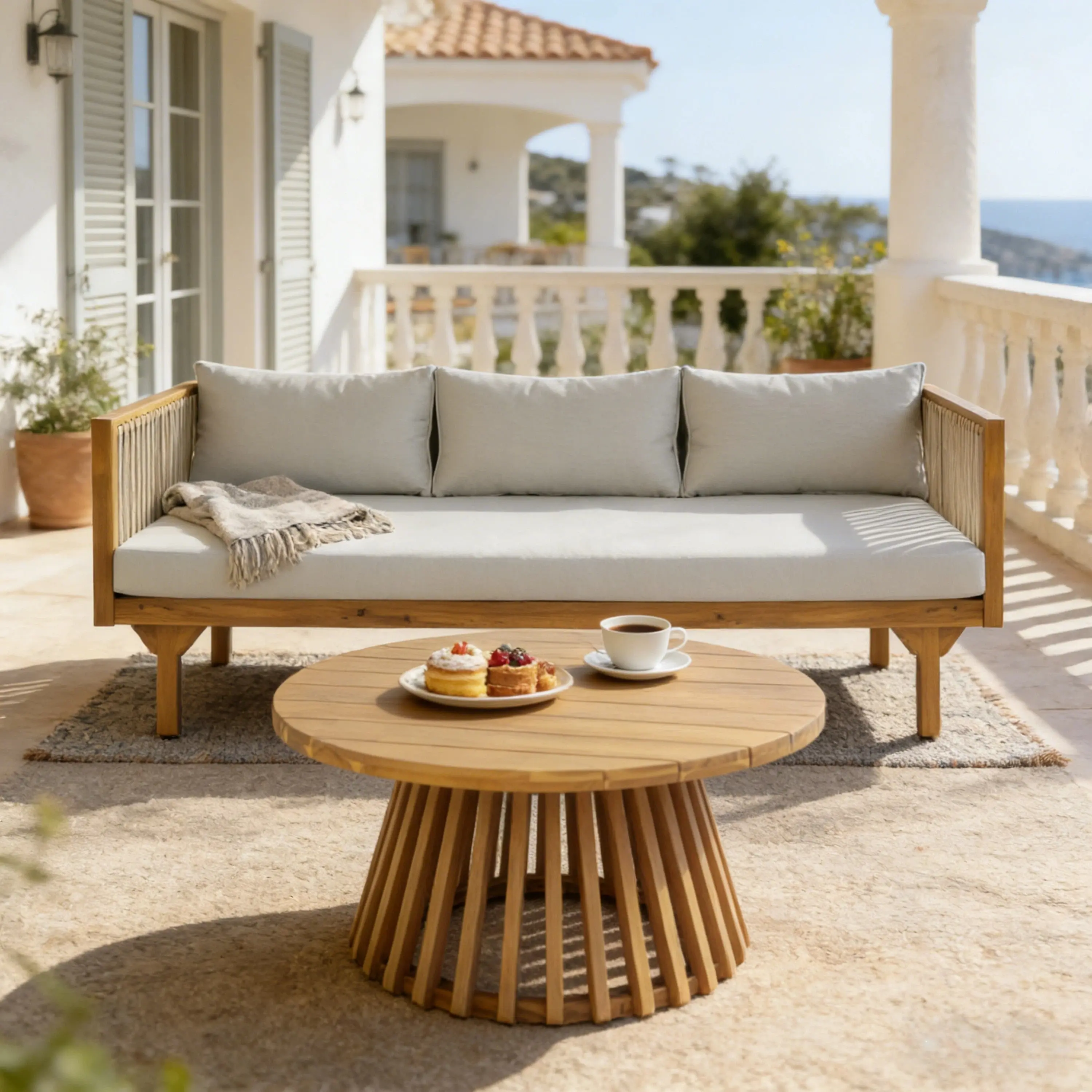 Outdoor Coffee Table Water-Resistant Cushions - Light Brown