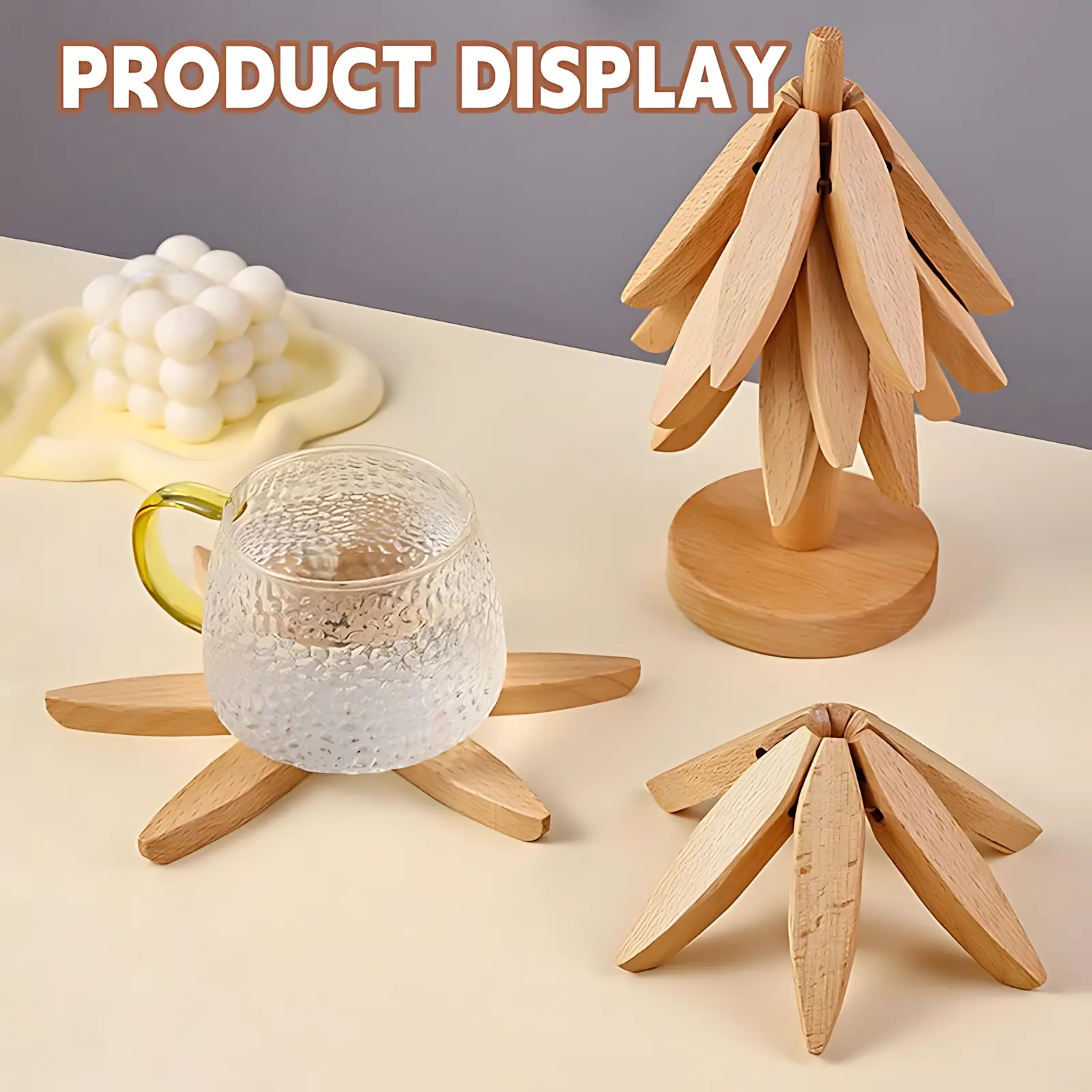 Natural Tree Trivet Set – 4 Wooden Trivets with Stand, Foldable