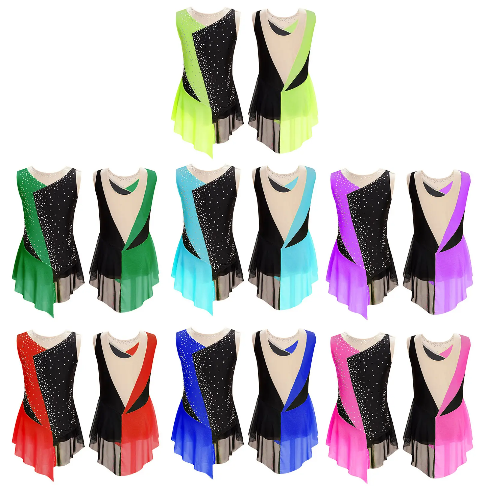 easyforever Female Sleeveless Colorblock Leotard, Polyester Blend Figure Skating Dance Outfit with Sparkling Rhinestones for Competition, Dance Garment, Modern Dance