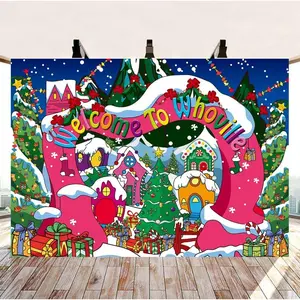 Christmas Backdrop Welcome To Whoville Holiday Scene With Snowy Village Houses And Trees For Party Decoration