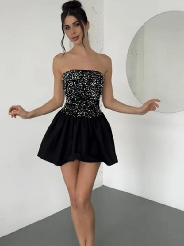 Stylish Bubble Skirt Fitted Baby Doll Sleeveless Tube Dress with Sequins Party Womenswear