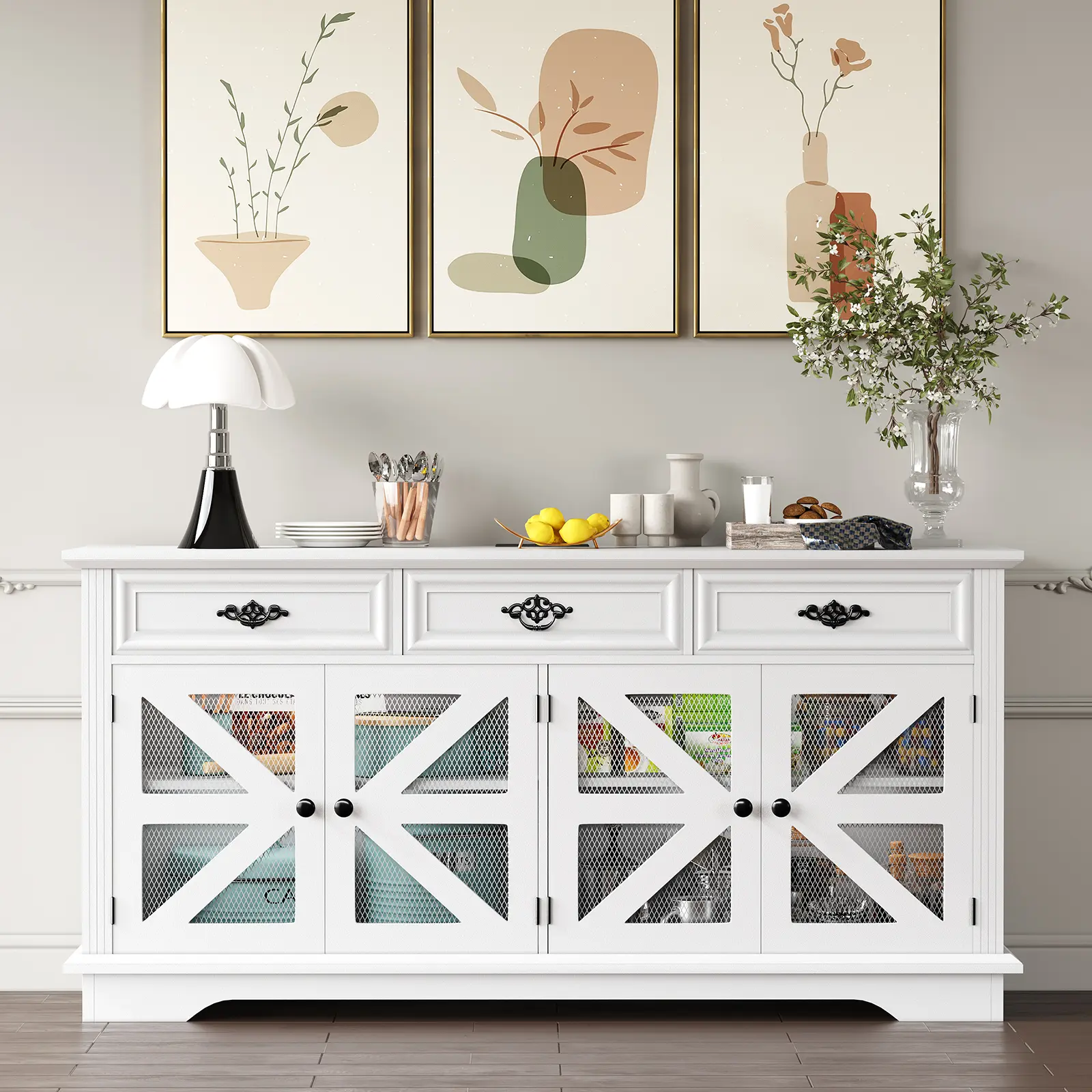 Sideboard Buffet Cabinet with Power Outlets & Adjustable Shelves, Modern Farmhouse Coffee Bar Buffet Table with Adjustable Shelves and Charging Station for Living Room